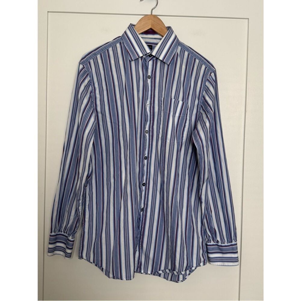 Paul Smith Shirt Men Sz 16 L Blue White Striped Button Up Long Sleeve Made Italy